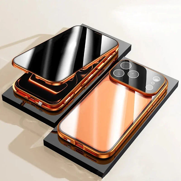 360 ° Full Protection Metal Magnetic Double-Sided Glass Snap Lock Privacy Case For iPhone 17 16 15 14 Plus 13 12 11 Pro Max 16E