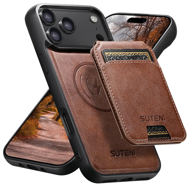 SUTENI Wireless Charging Magnet Faux Leather Phone Case Card Holder Stand Wallet 2-in-1 For iPhone 17 Pro Max 16 15 14 13 12