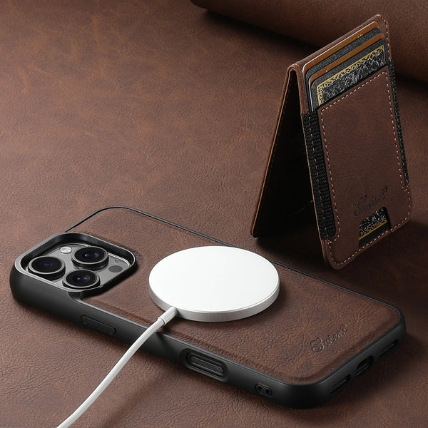 SUTENI Magnet Wireless Charging Card Holder Stand Luxury Faux Leather Phone Case For iPhone 17 Pro Max 16 Plus 15 14 13 12