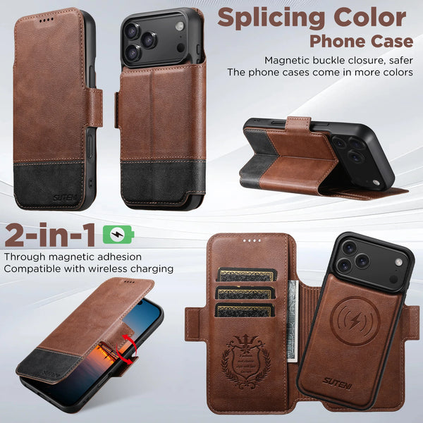 SUTENI Wireless Charging Phone Case Card Holder Stand Wallet Magnetic Flip Cover Faux Leather For iPhone 17 Pro Max 16 Plus 15
