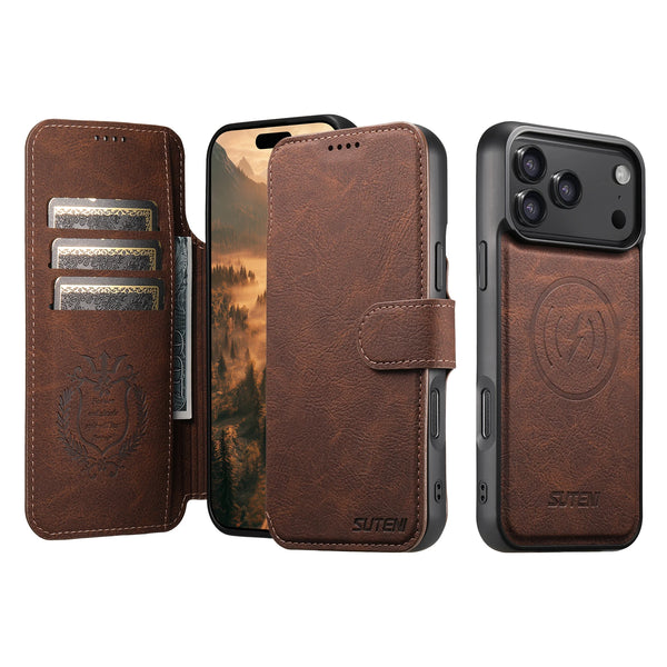 SUTENI Wireless Charging Card HolderStand Faux Leather Wallet Magnetic Flip Cover Phone Case For iPhone 17 Pro Max 16 Plus 15 14