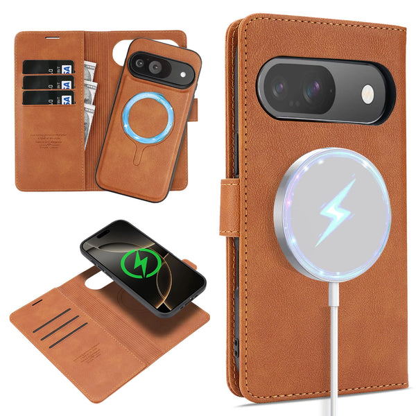 2 in 1 Leather Flip Case for Google Pixel 9 10 Pro XL 9A10A 9Pro 10Pro XL Cards Slot Wallet Wireless Charging Phone Cover