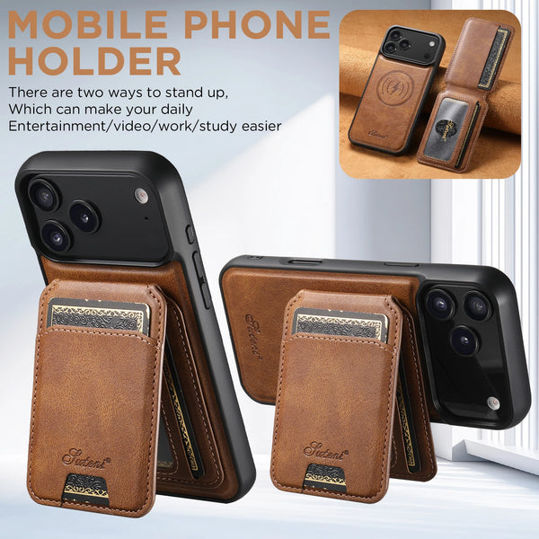 SUTENI Wireless Charging Faux Leather Magnet Card Holder Stand Picture Frame Phone Case For iPhone 17 Pro Max 16 Plus 15 14 13