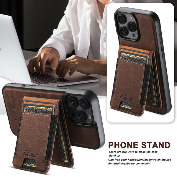 SUTENI Magnet Wireless Charging Card Holder Stand Luxury Faux Leather Phone Case For iPhone 17 Pro Max 16 Plus 15 14 13 12