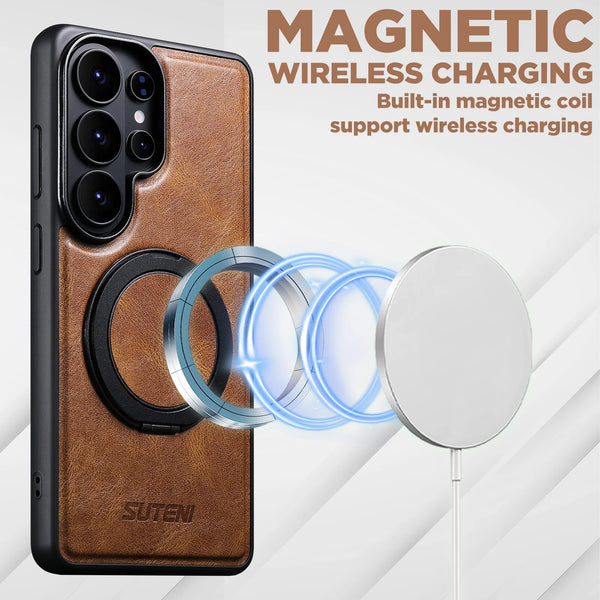 Magnet Wireless Charging Phone Case Oil Wax Faux Leather 360° Rotating Stand Buckle For Samsung Galaxy S26 Ultra S25 S24 S23 S22
