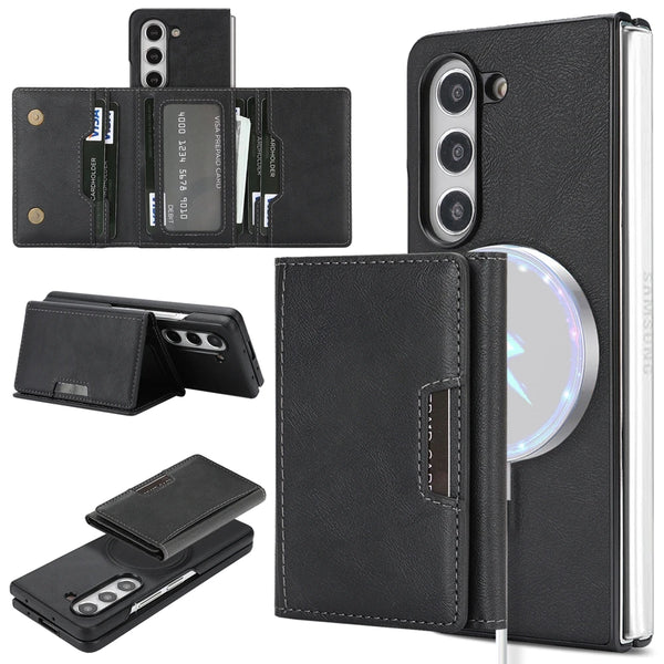 2 in 1 Leather Case for Samsung Galaxy Z Fold 7 6 5 4 3 Fold7 Magnetic Wireless Charging 7 Card Slots Kickstand Phone Cover