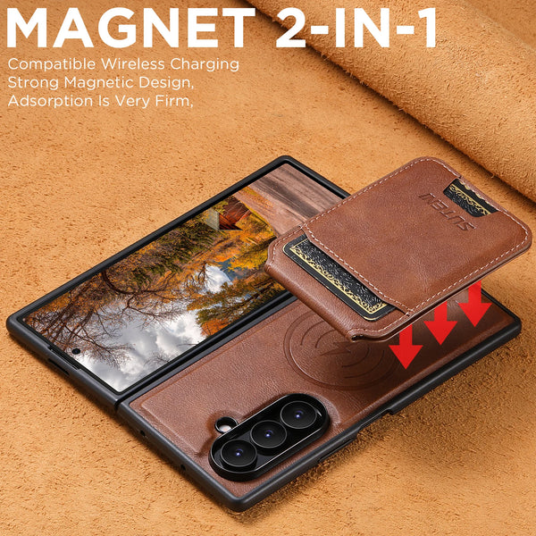 SUTENI Wireless Charging Magnet Faux Leather Phone Case Card Holder Stand Smooth Surface Wallet 2-in-1 For Samsung Z Fold 7 6