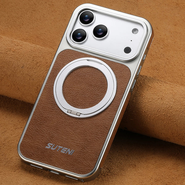 SUTENI Faux Leather Magnet Wireless Charging Phone Case 360° Rotating Stand Ring Buckle Frosted Feel For iPhone 17 Pro Max 16 15