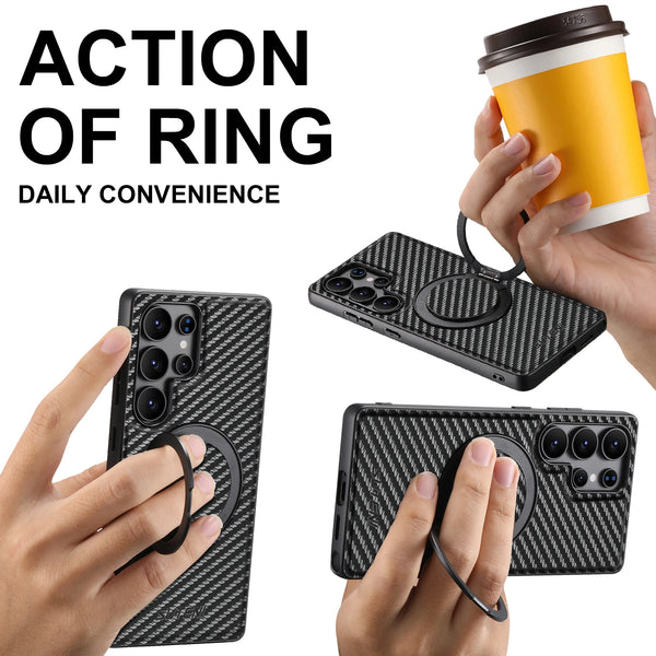 Suteni Mobile Phone Case Wireless Charging 360° Rotating Stand Faux Leather Ring Buckle For Samsung S26 Ultra S25 S24 S23 S22