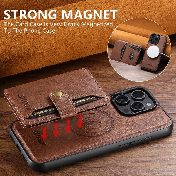 SUTENI Wireless Charging Luxury Faux Leather Magnet Phone Case Card Holder Stand For iPhone 17 Pro Max 16 Plus 15 Pro 14 13 12
