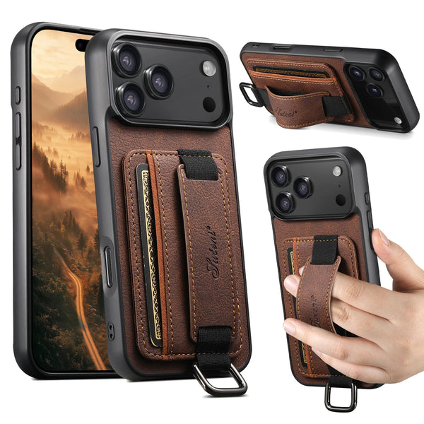SUTENI For iPhone 17 Pro Max 16 Plus 15 14 13 12 Faux Leather Phone Case Wrist Strap Ring Buckle Card Holder Bag Stand