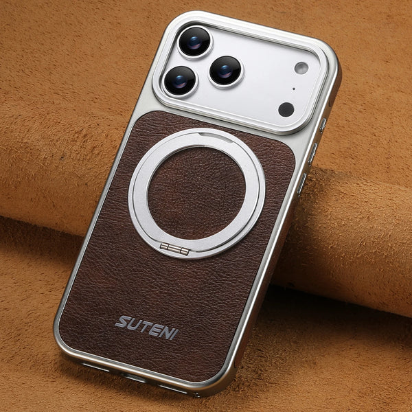 SUTENI Faux Leather Magnet Wireless Charging Phone Case 360° Rotating Stand Ring Buckle Frosted Feel For iPhone 17 Pro Max 16 15