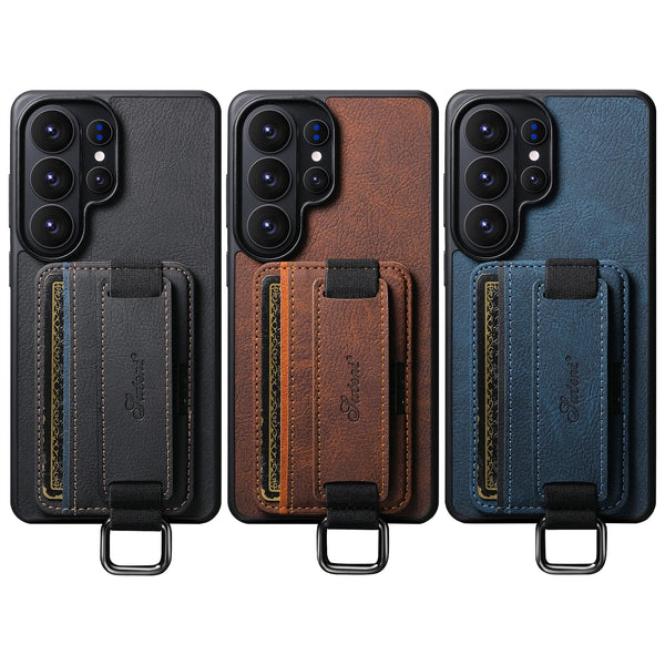 SUTENI Faux Leather Phone Case Wrist Strap Ring Buckle Card Holder Stand For Samsung Galaxy S26 Ultra S25 Plus S24 S23