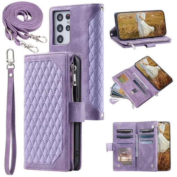 Long Lanyard Zipper Wallet Cards Phone Case for Samsung Galaxy Note 20 Ultra S26 Plus S25 FE S24 S23 S22 S21 Flip Leather Cover