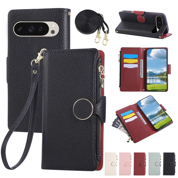 Lanyard Zipper Leather Wallet Case for Google Pixel 10 7 8 9 7A 8A 9A 10Pro 9Pro XL 8Pro 7Pro Pro Cards Cash Pocket Phone Cover