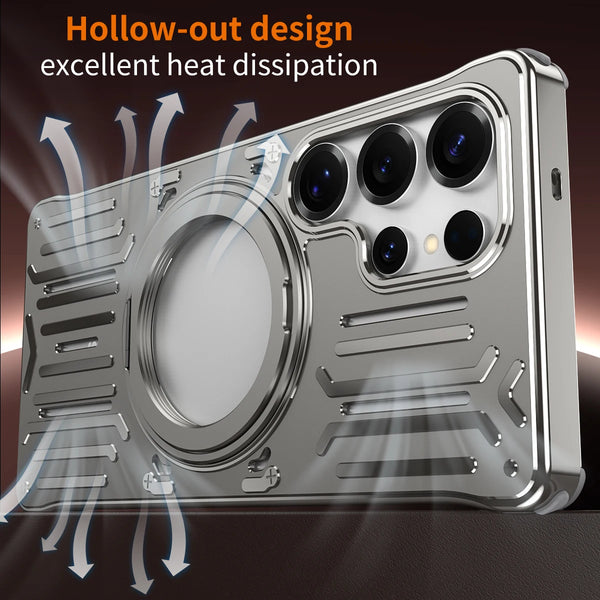 for Samsung Galaxy S23/S24/S25/S26 Ultra & iPhone 17/16/15 Pro Max/Air – luxury METAL  bumper frame Rotating Bracket Stand Heat Dissipation, MagSafe Support, Inner Silicone Protection, Stylish Looks & Super Protection Back Cover