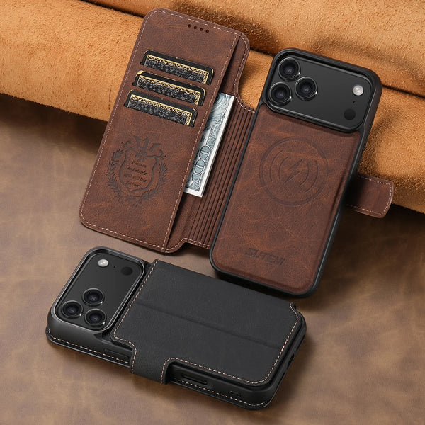SUTENI Wireless Charging Card HolderStand Faux Leather Wallet Magnetic Flip Cover Phone Case For iPhone 17 Pro Max 16 Plus 15 14
