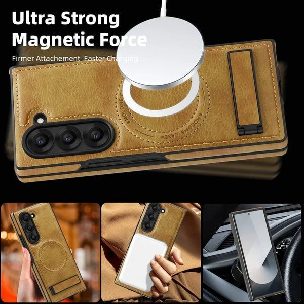 Leather Case For Samsung Galaxy Z Fold 6 5 4 3 Magnetic Fold6 Fold5 Fold4 Fold3 Wrieless Charger Phone Cover WIth Kickstand