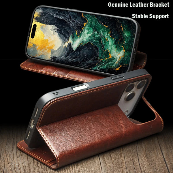 Genuine Leather Flip Case for iPhone 17 Bracket Handmade Business Cover with Card Slots for iPhone 17 Pro Max/17 Air