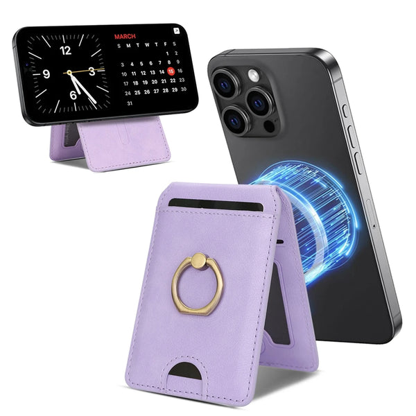 Magnetic Ring Leather Cards Holder Slots For iphone 16 15 14 13 12 Samsung Xiaomi Google Phone Kickstand Cards Bag Cards Pocket