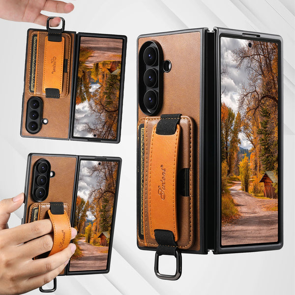SUTENI Phone Case Wrist Strap Ring Buckle Faux Leather Card Holder Stand For Samsung Galaxy Z Fold 7 6 5