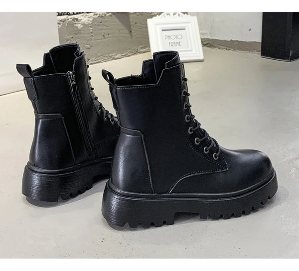 2024 Summer Autumn Women Ankle Boots Classic Beige Black Leather Gothic Punk Shoes Mid Heels Short Combact Boots Platform Shoes