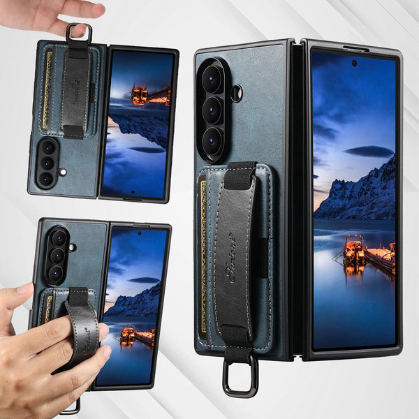SUTENI Phone Case Wrist Strap Ring Buckle Faux Leather Card Holder Stand For Samsung Galaxy Z Fold 7 6 5