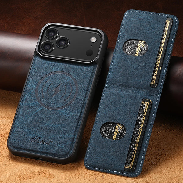 SUTENI Magnet Wireless Charging Card Holder Stand Luxury Faux Leather Phone Case For iPhone 17 Pro Max 16 Plus 15 14 13 12
