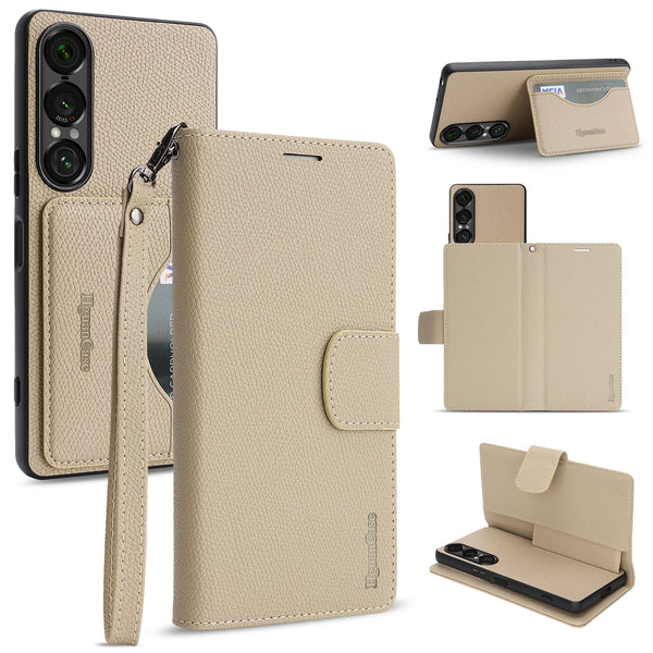 2 in 1 Leather Wallet Case for Sony 10VII 1VII Cash Card Slots Holder Kickstand Phone Cover WIth Hand Strap