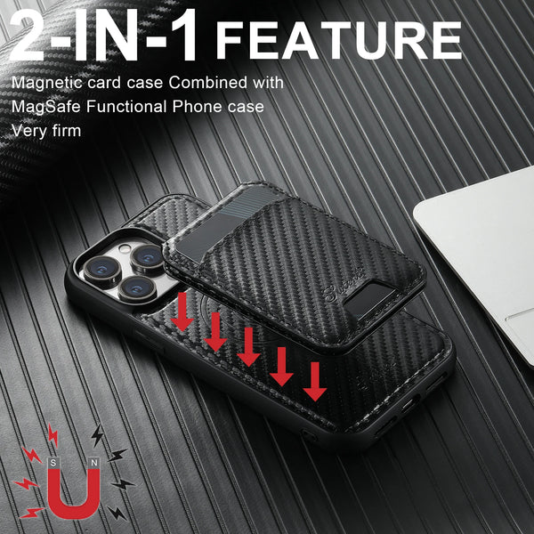 Carbon Fiber Leather 2-in-1 Magnetic Phone Case Card Holder Wallet MagSafe Wireless charging for iPhone 17ProMax 16Plus 15 14 13