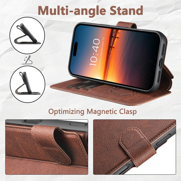 SUTENI Faux Leather Wireless Charging Card Holder Stand Wallet Magnetic Flip Cover Phone Case For iPhone 16 Pro Max 15 Plus 14