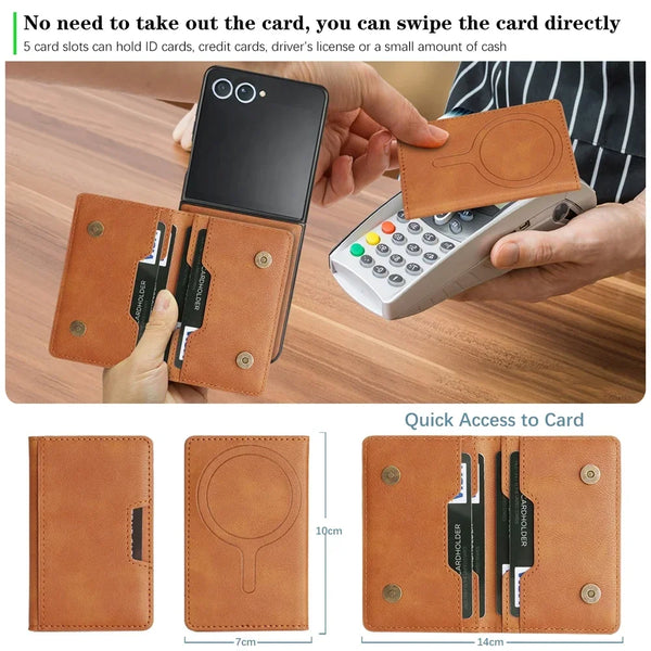 Leather Case For Samsung Galaxy Z Flip 7 6 5 4 3 Flip7 Flip6 Flip5 Wireless Charging 2 In 1 Magnetic Cards Bag Phone Cover