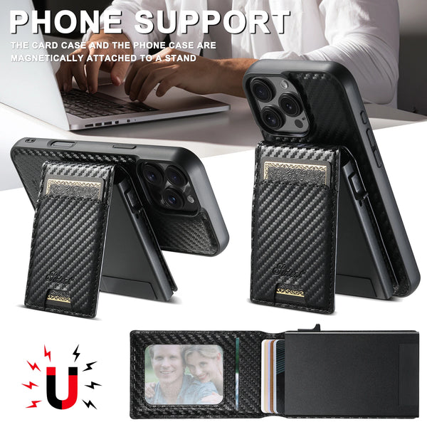 Carbon Fiber Leather 2-in-1 Magnetic Phone Case Card Holder Wallet MagSafe Wireless Charging for iPhone 17 Pro Max 16 Plus 15 14