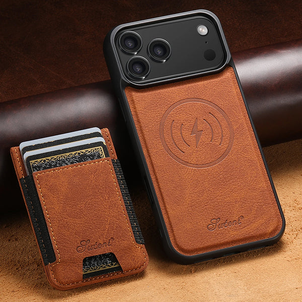 SUTENI Magnet Wireless Charging Card Holder Stand Luxury Faux Leather Phone Case For iPhone 17 Pro Max 16 Plus 15 14 13 12