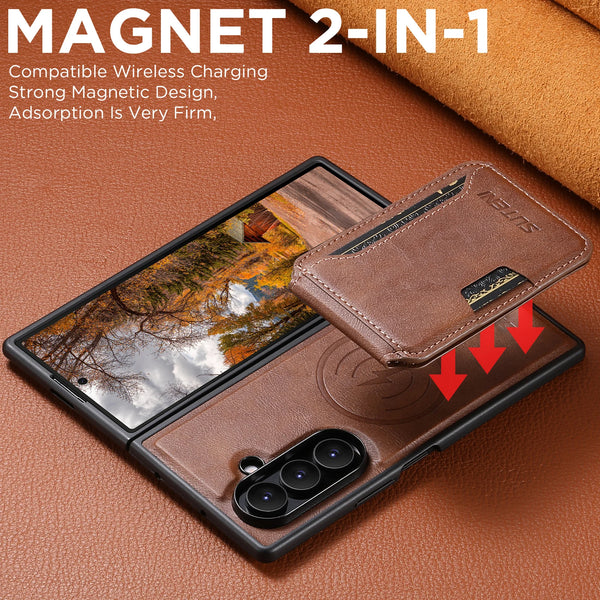 SUTENI Magnet Wireless Charging Luxury Faux Leather Phone Case Card Holder Stand For Samsung Galaxy Z Fold 7 6