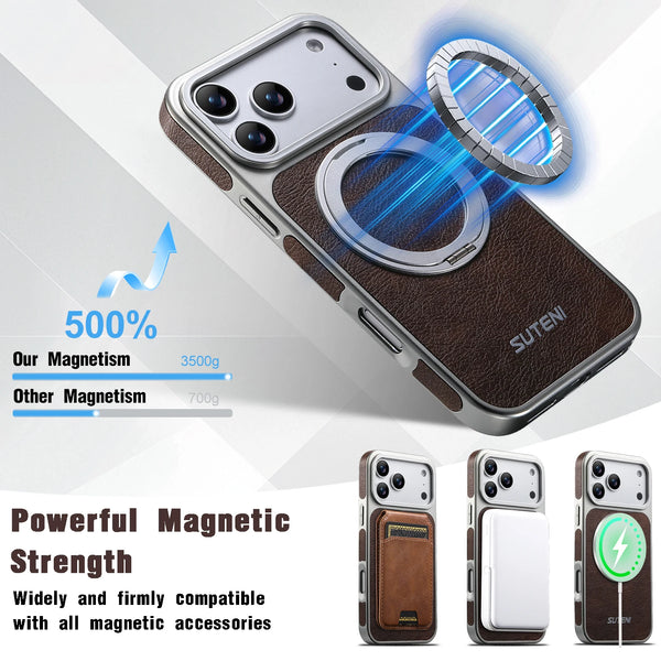 SUTENI Faux Leather Magnet Wireless Charging Phone Case 360° Rotating Stand Ring Buckle Frosted Feel For iPhone 17 Pro Max 16 15