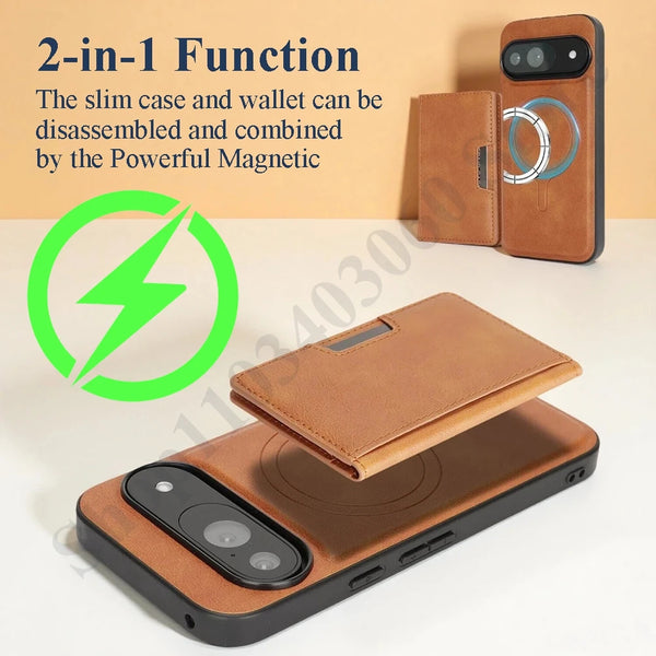 2 in 1 Leather Case For Google Pixel 8 8A 8Pro 9 9Pro 10 10pro Pro XL 9A 10A Magnetic Wireless Charging Cards Slots Phone Cover