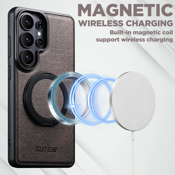 Magnet Wireless Charging Phone Case Faux Leather 360° Rotating Stand Ring Buckle Frosted Feel For Samsung Galaxy S26 Ultra S25