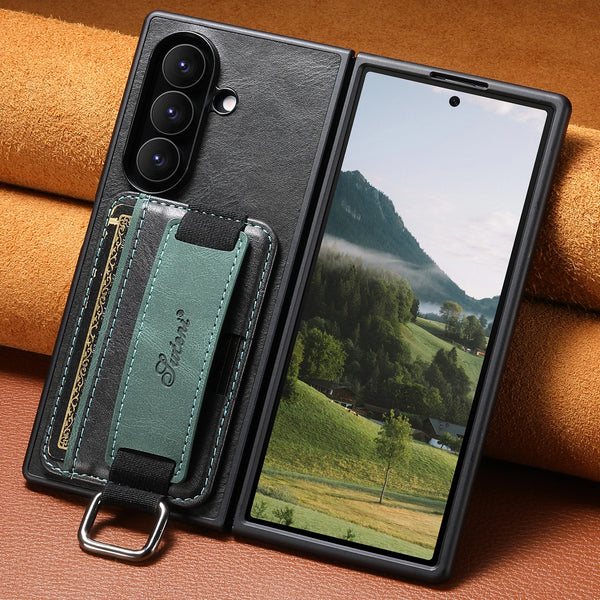 SUTENI Phone Case Wrist Strap Ring Buckle Faux Leather Card Holder Stand For Samsung Galaxy Z Fold 7 6 5