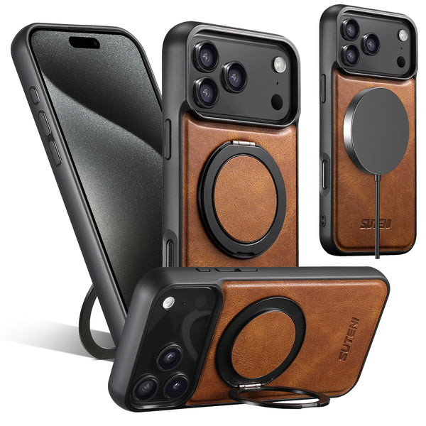 Oil Wax Faux Leather Magnet Wireless Charging Phone Case 360° Rotating Stand Buckle For iPhone 17 Pro Max 16 Plus 15 14 13 12