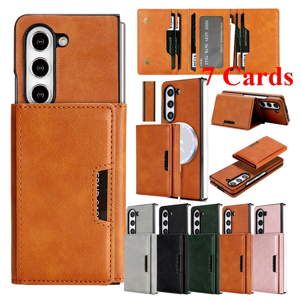 2 in 1 Leather Case for Samsung Galaxy Z Fold 7 6 5 4 3 Fold7 Magnetic Wireless Charging 7 Card Slots Kickstand Phone Cover