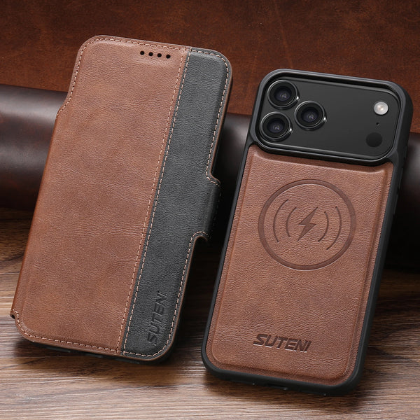 SUTENI Magnetic Flip Cover Phone Case Wireless Charging Card Holder Stand Wallet Faux Leather For iPhone 17 Pro Max 16 Plus 15