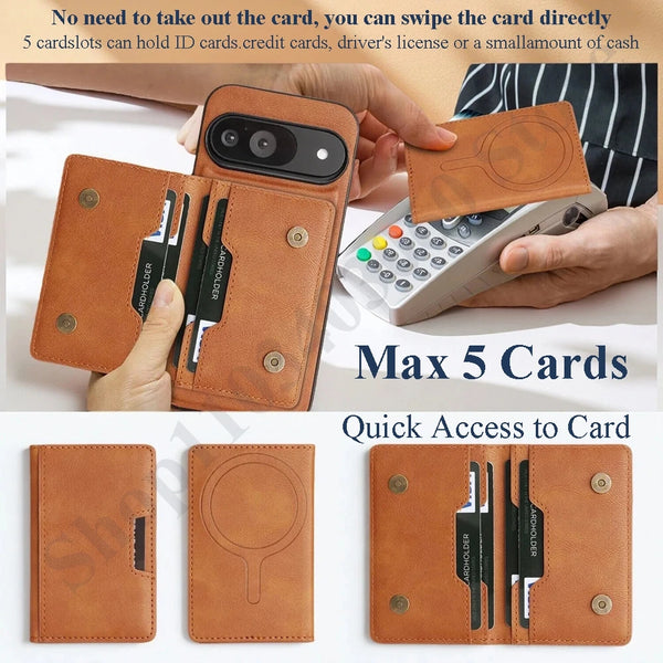 2 in 1 Leather Case For Google Pixel 8 8A 8Pro 9 9Pro 10 10pro Pro XL 9A 10A Magnetic Wireless Charging Cards Slots Phone Cover
