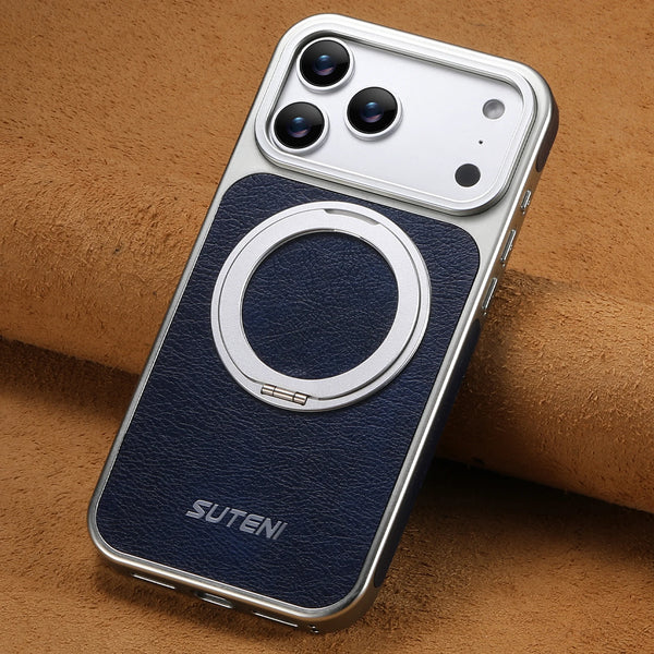 SUTENI Faux Leather Magnet Wireless Charging Phone Case 360° Rotating Stand Ring Buckle Frosted Feel For iPhone 17 Pro Max 16 15