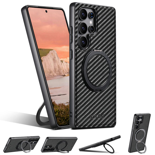 SUTENI Carbon Fiber Phone Case Wireless Charging 360° Rotating Stand PU Leather Ring Buckle For Samsung S26Ultra S25 S24 S23 S22