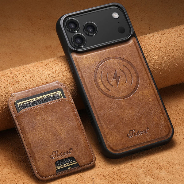 SUTENI Wireless Charging Faux Leather Magnet Card Holder Stand Picture Frame Phone Case For iPhone 17 Pro Max 16 Plus 15 14 13