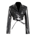 Full Open Cross Lace-up Waist-controlled Chest-flattering Long Sleeve PU Leather Short Coat