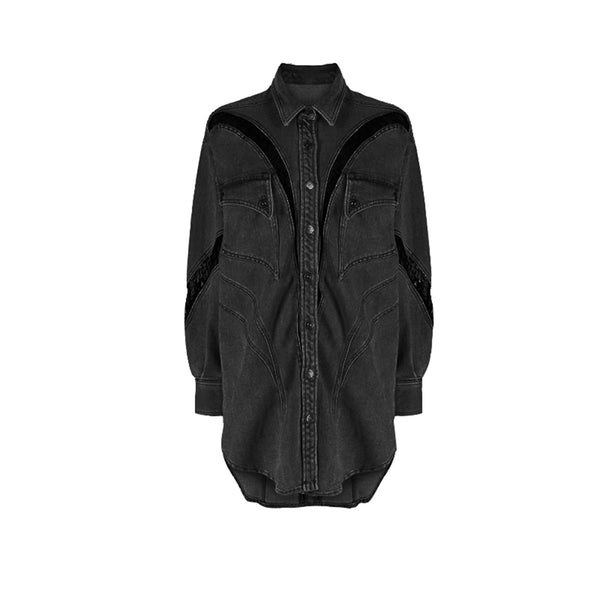 Lace Contrast-Color Oversized Shirt-Style Denim Jacket Coat