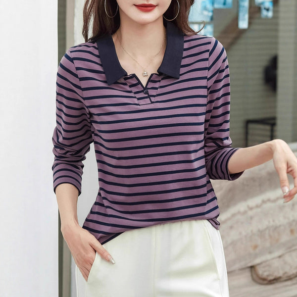 Striped Polo Shirt Plus-size Womens Fall Long-sleeve