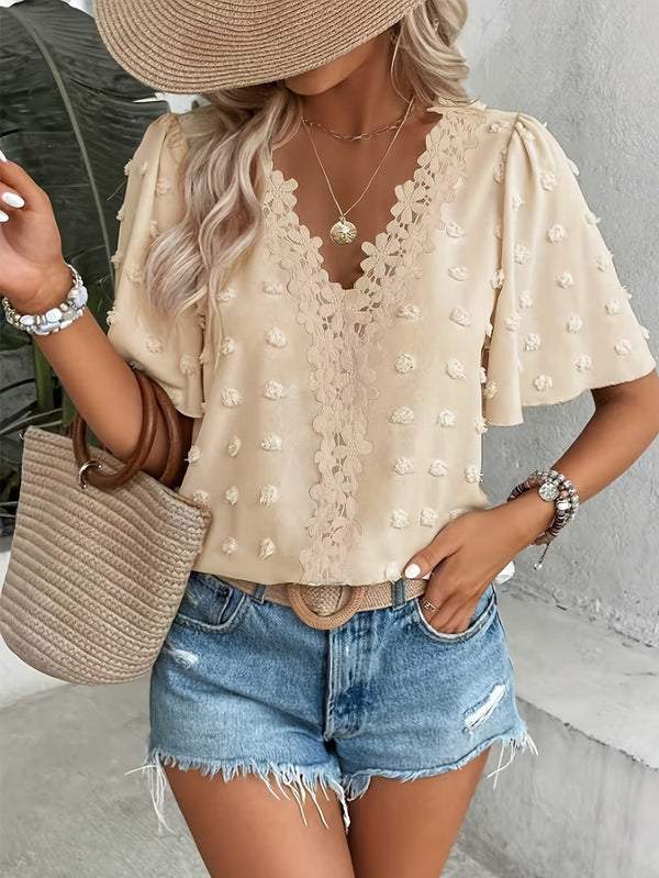 Women's V-Neck Lace-trimmed Short-sleeve Casual Top